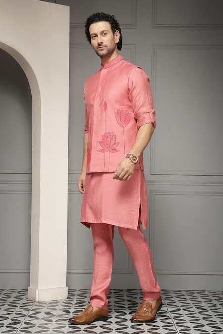 Shop_Soniya G_Coral Silk, Linen Gulnaar Bloom Linen-silk Kurta Set With Nehru Jacket _Online_at_Aza_Fashions