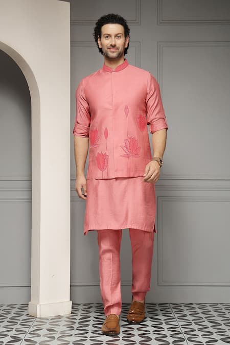 Soniya G_Coral Silk, Linen Gulnaar Bloom Linen-silk Kurta Set With Nehru Jacket _at_Aza_Fashions