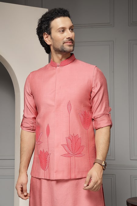 Buy_Soniya G_Coral Silk, Linen Gulnaar Bloom Linen-silk Kurta Set With Nehru Jacket 