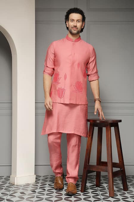 Soniya G Gulnaar Bloom Embroidered Linen-Silk Kurta Set with Nehru Jacket 