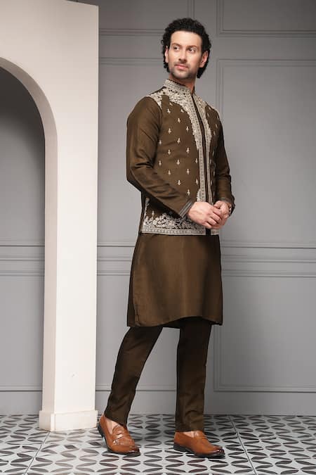 Soniya G_Gold Silk, Linen Zameen-e-noor Linen-silk Kurta With Nehru Jacket Set _Online_at_Aza_Fashions