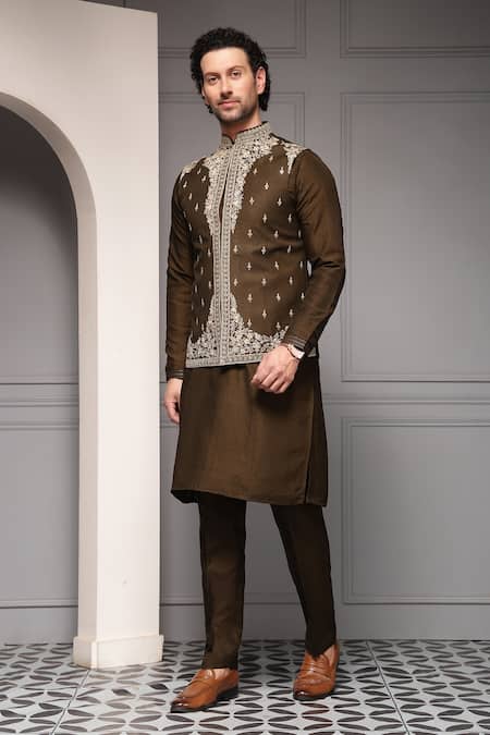 Buy_Soniya G_Gold Silk, Linen Zameen-e-noor Linen-silk Kurta With Nehru Jacket Set _Online_at_Aza_Fashions