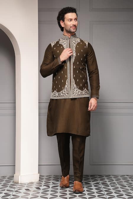 Shop_Soniya G_Gold Silk, Linen Zameen-e-noor Linen-silk Kurta With Nehru Jacket Set _Online_at_Aza_Fashions