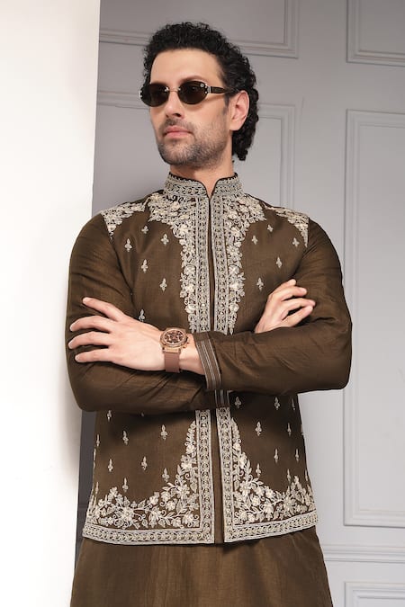 Soniya G_Gold Silk, Linen Zameen-e-noor Linen-silk Kurta With Nehru Jacket Set _at_Aza_Fashions