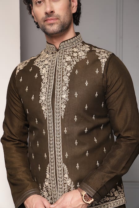 Buy_Soniya G_Gold Silk, Linen Zameen-e-noor Linen-silk Kurta With Nehru Jacket Set 