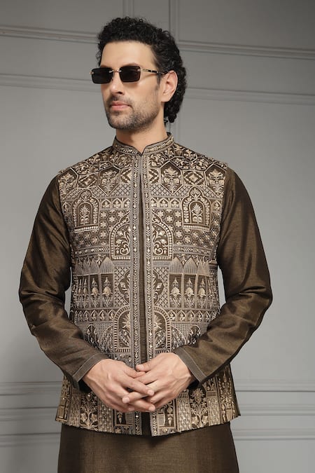 Buy_Soniya G_Gold Silk Zari, Metallic Mehr-e-zar Embroidered Blend Nehru Jacket Kurta Set _Online_at_Aza_Fashions