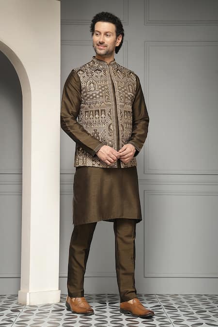 Buy_Soniya G_Gold Silk Zari, Metallic Mehr-e-zar Embroidered Blend Nehru Jacket Kurta Set 