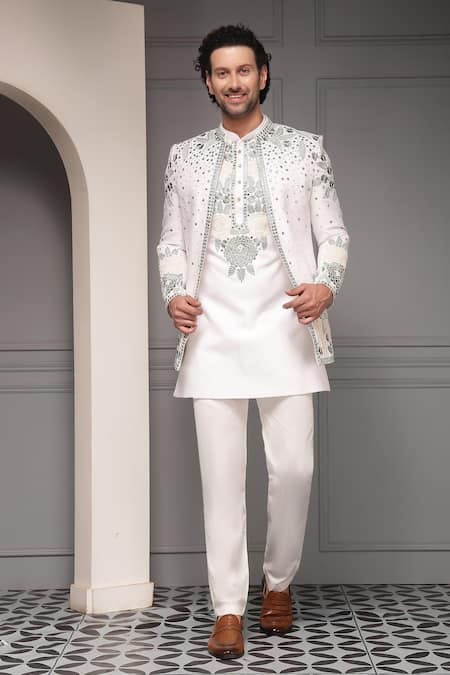 Buy_Soniya G_Green Silk Embroidery, Sequins, Zari Safaid Gulzar Sherwani Set _Online_at_Aza_Fashions