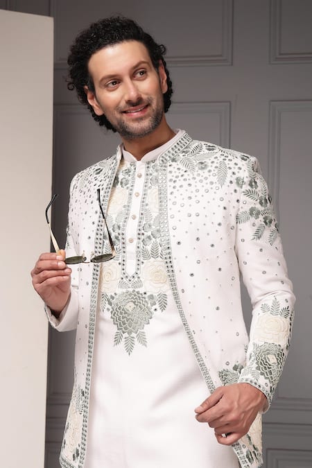 Shop_Soniya G_Green Silk Embroidery, Sequins, Zari Safaid Gulzar Sherwani Set _Online_at_Aza_Fashions