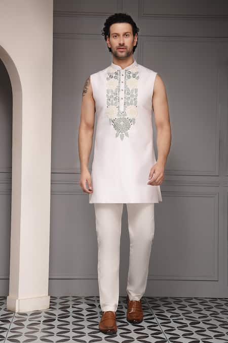 Soniya G_Green Silk Embroidery, Sequins, Zari Safaid Gulzar Sherwani Set _at_Aza_Fashions