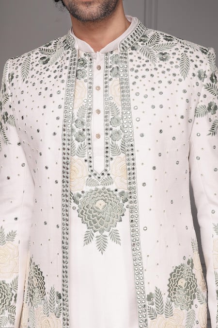 Buy_Soniya G_Green Silk Embroidery, Sequins, Zari Safaid Gulzar Sherwani Set 