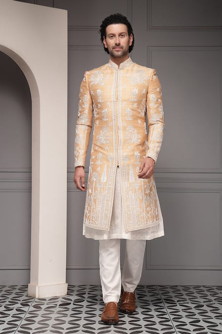 Buy_Soniya G_Ivory Silk, Viscose, Cotton Embroidery Zar-e-bahaar Blend Sherwani Set _Online_at_Aza_Fashions