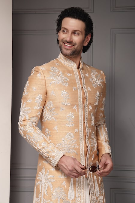 Shop_Soniya G_Ivory Silk, Viscose, Cotton Embroidery Zar-e-bahaar Blend Sherwani Set _Online_at_Aza_Fashions