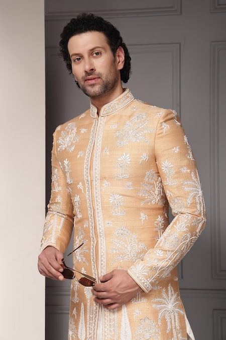 Soniya G_Ivory Silk, Viscose, Cotton Embroidery Zar-e-bahaar Blend Sherwani Set _at_Aza_Fashions