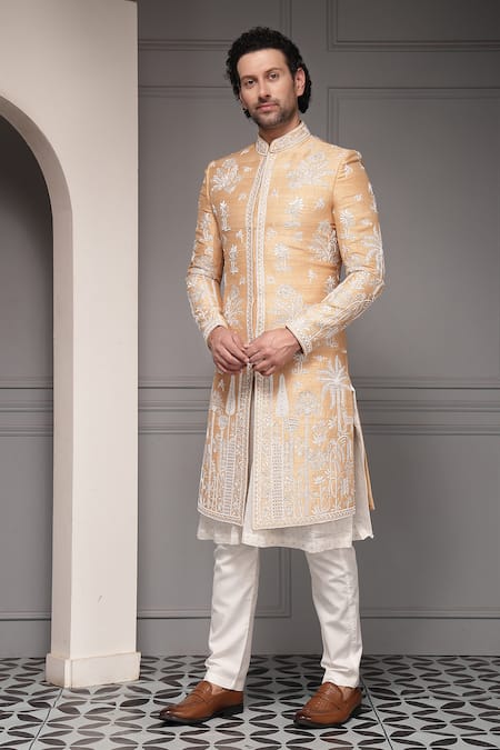 Buy_Soniya G_Ivory Silk, Viscose, Cotton Embroidery Zar-e-bahaar Blend Sherwani Set 