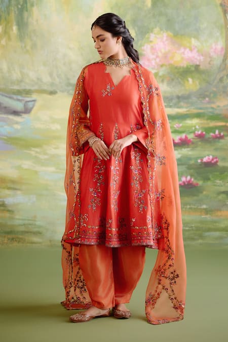 Naaz By Noor_Orange Organza, Chanderi, Georgette Sequins, Jor Baagh Embroidered Anarkali Set _Online_at_Aza_Fashions