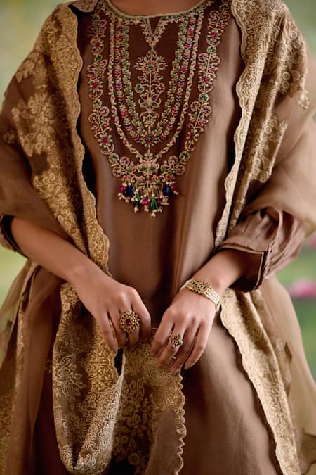 Shop Naaz By Noor Brown Chanderi, Georgette, Tissue, Organza Pearls, Zari, Jor Baagh Kurta Set Online at Aza Fashions Shop_Naaz By Noor_Brown Chanderi, Georgette, Tissue, Organza Pearls, Zari, Jor Baagh Kurta Set _Online_at_Aza_Fashions