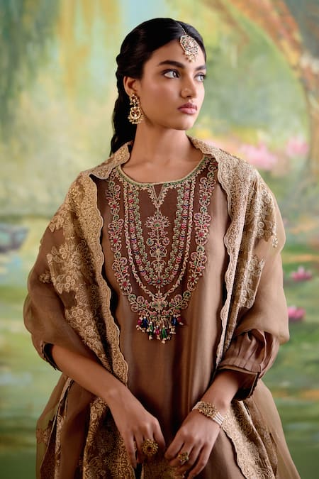 Naaz By Noor Brown Chanderi, Georgette, Tissue, Organza Pearls, Zari, Jor Baagh Kurta Set at Aza Fashions Naaz By Noor_Brown Chanderi, Georgette, Tissue, Organza Pearls, Zari, Jor Baagh Kurta Set _at_Aza_Fashions