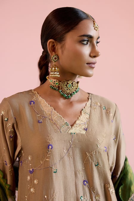 Buy_Naaz By Noor_Cream Chanderi, Tissue Embroidery, Sequins, Zari Jor Baagh Badami Kurta Set 