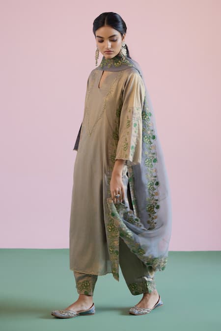 Naaz By Noor_Green Chanderi, Tissue, Organza Embroidery, Pearls Jor Baagh Livid Kurta Set _Online_at_Aza_Fashions