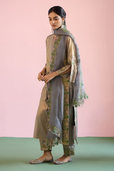 Shop_Naaz By Noor_Green Chanderi, Tissue, Organza Embroidery, Pearls Jor Baagh Livid Kurta Set _Online_at_Aza_Fashions