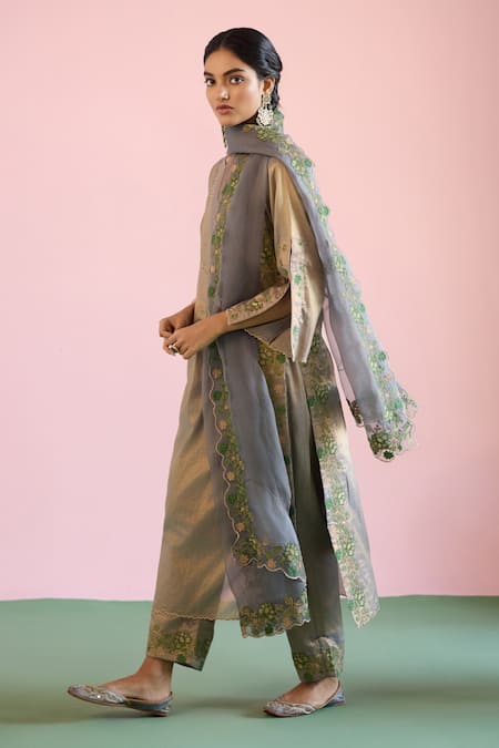 Naaz By Noor_Green Chanderi, Tissue, Organza Embroidery, Pearls Jor Baagh Livid Kurta Set _at_Aza_Fashions