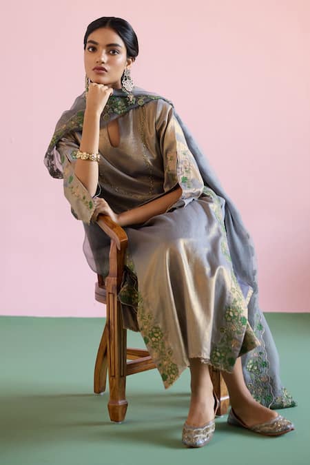 Buy_Naaz By Noor_Green Chanderi, Tissue, Organza Embroidery, Pearls Jor Baagh Livid Kurta Set 