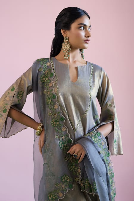 Shop_Naaz By Noor_Green Chanderi, Tissue, Organza Embroidery, Pearls Jor Baagh Livid Kurta Set 