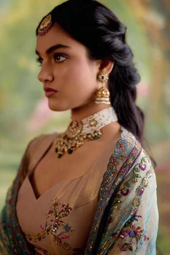 Naaz By Noor_Beige Chanderi, Organza Embroidery, Sequins Jor Baagh Rani Pink Lehenga Set _Online_at_Aza_Fashions