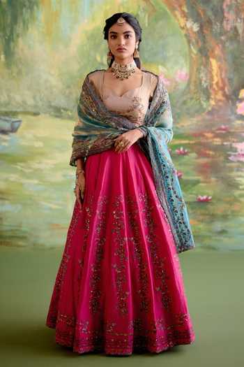 Shop_Naaz By Noor_Beige Chanderi, Organza Embroidery, Sequins Jor Baagh Rani Pink Lehenga Set _Online_at_Aza_Fashions