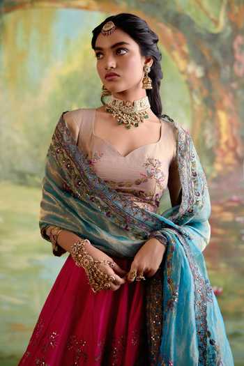 Naaz By Noor_Beige Chanderi, Organza Embroidery, Sequins Jor Baagh Rani Pink Lehenga Set _at_Aza_Fashions