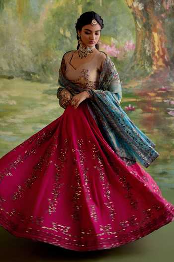 Buy_Naaz By Noor_Beige Chanderi, Organza Embroidery, Sequins Jor Baagh Rani Pink Lehenga Set 