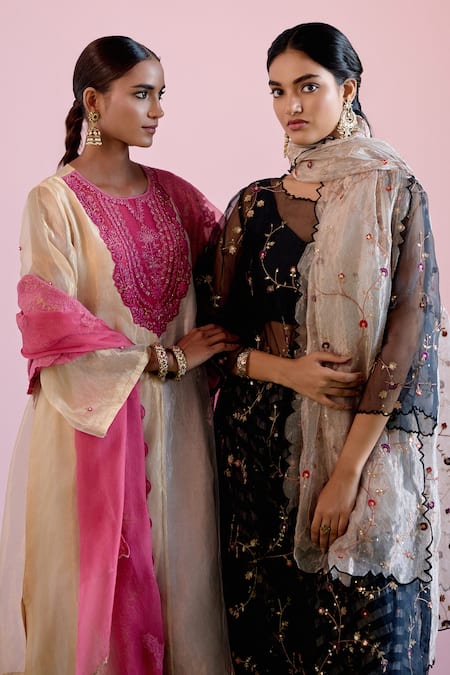 Buy_Naaz By Noor_Black Chanderi, Organza, Tissue Zari, Sequins, Jor Baagh Sheer Kurta Pant Set _Online_at_Aza_Fashions