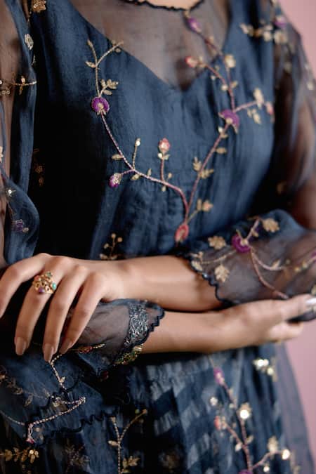 Shop_Naaz By Noor_Black Chanderi, Organza, Tissue Zari, Sequins, Jor Baagh Sheer Kurta Pant Set _Online_at_Aza_Fashions