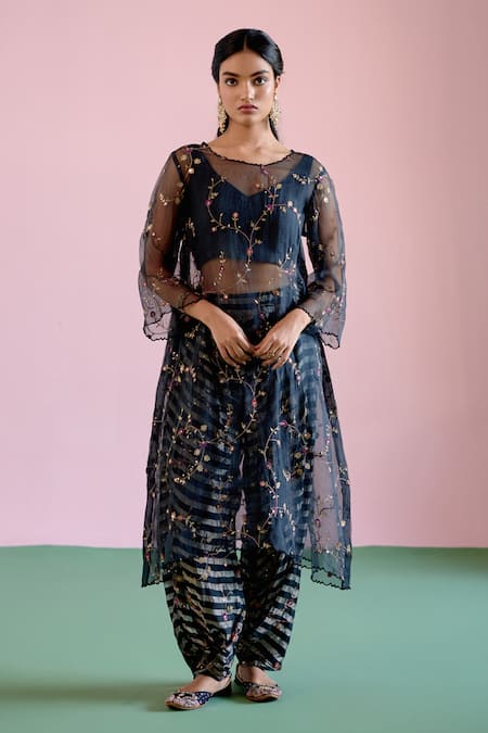 Naaz By Noor_Black Chanderi, Organza, Tissue Zari, Sequins, Jor Baagh Sheer Kurta Pant Set _at_Aza_Fashions