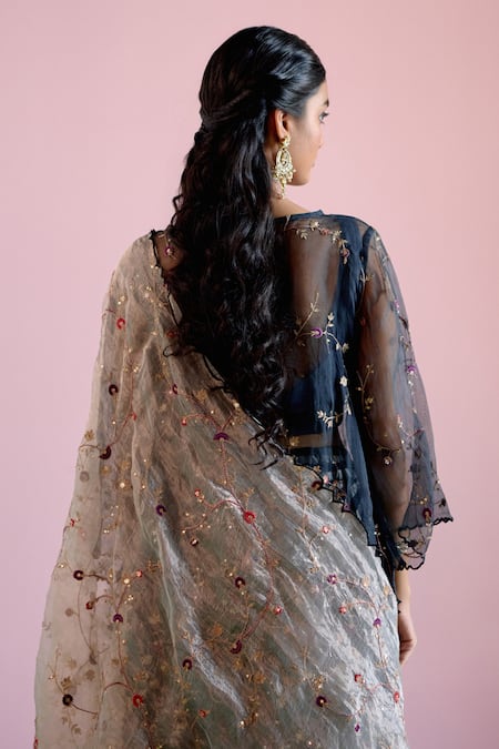 Shop_Naaz By Noor_Black Chanderi, Organza, Tissue Zari, Sequins, Jor Baagh Sheer Kurta Pant Set 