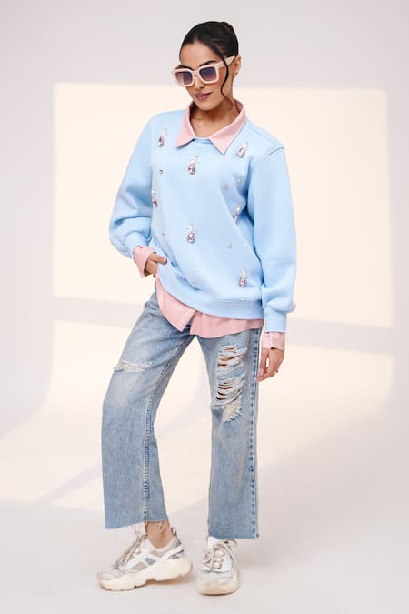 The Episode Pink Fleece, Cotton Pearls, Stones, Crystals Collared Off Duty Sweatshirt Online at Aza Fashions The Episode_Pink Fleece, Cotton Pearls, Stones, Crystals Collared Off Duty Sweatshirt _Online_at_Aza_Fashions