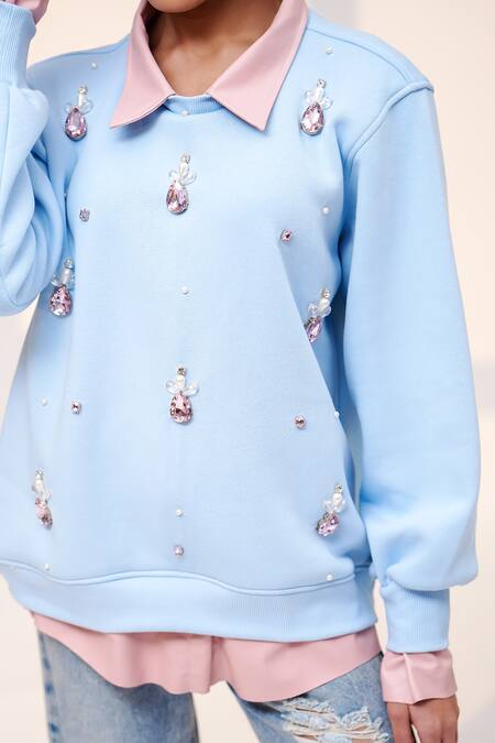 Buy The Episode Pink Fleece, Cotton Pearls, Stones, Crystals Collared Off Duty Sweatshirt Online at Aza Fashions Buy_The Episode_Pink Fleece, Cotton Pearls, Stones, Crystals Collared Off Duty Sweatshirt _Online_at_Aza_Fashions