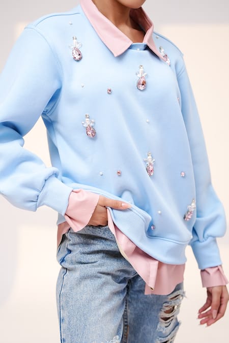Shop The Episode Pink Fleece, Cotton Pearls, Stones, Crystals Collared Off Duty Sweatshirt Online at Aza Fashions Shop_The Episode_Pink Fleece, Cotton Pearls, Stones, Crystals Collared Off Duty Sweatshirt _Online_at_Aza_Fashions
