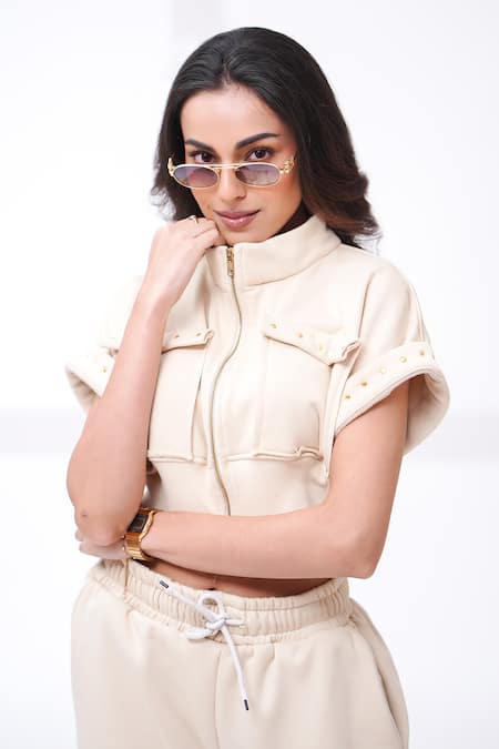 Buy_The Episode_Cream Cotton, Fleece Collared Alpha Vibes Sweatshirt And Track Pant Set _Online_at_Aza_Fashions