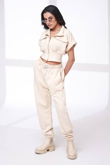 Shop_The Episode_Cream Cotton, Fleece Collared Alpha Vibes Sweatshirt And Track Pant Set _Online_at_Aza_Fashions