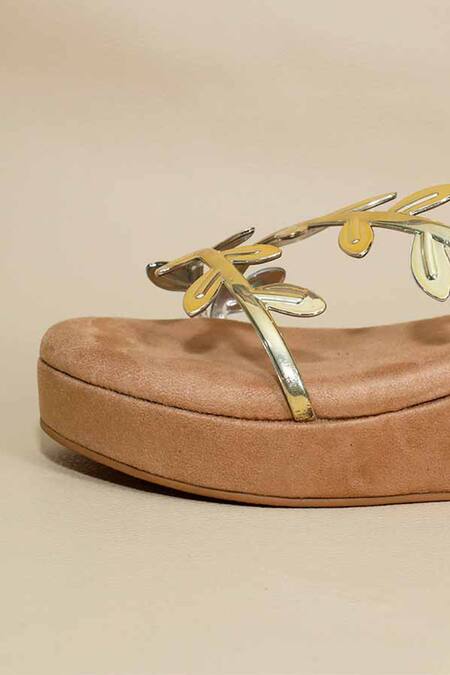 Sana K luxurious Footwear_Beige Applique Leaf Pattern Wedges _Online_at_Aza_Fashions