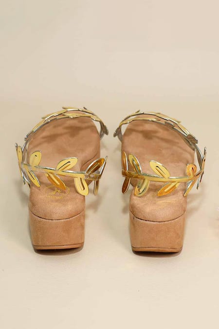 Buy_Sana K luxurious Footwear_Beige Applique Leaf Pattern Wedges _Online_at_Aza_Fashions