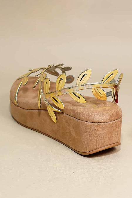 Shop_Sana K luxurious Footwear_Beige Applique Leaf Pattern Wedges _Online_at_Aza_Fashions