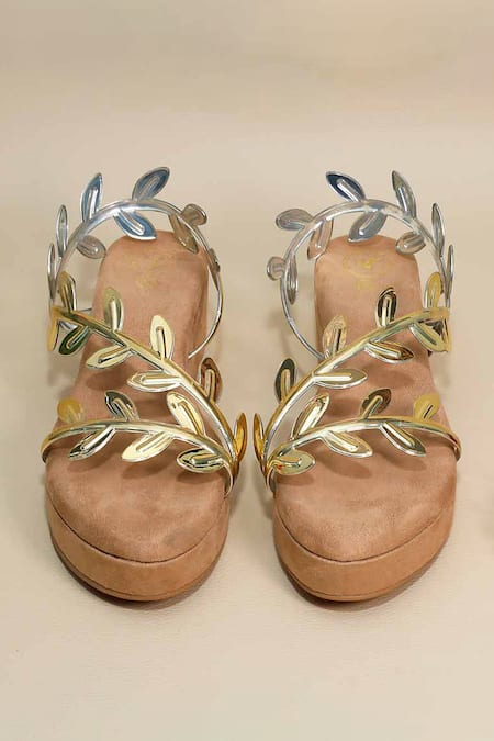 Sana K luxurious Footwear_Beige Applique Leaf Pattern Wedges _at_Aza_Fashions