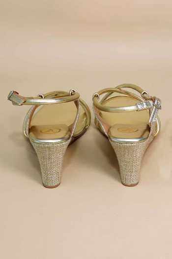 Shop Sana K luxurious Footwear Gold Criss Cross Wedges Online at Aza Fashions Shop_Sana K luxurious Footwear_Gold Criss Cross Wedges _Online_at_Aza_Fashions