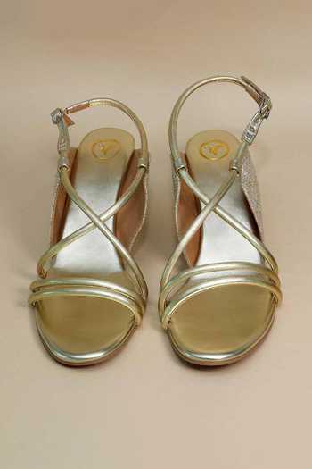 Sana K luxurious Footwear Gold Criss Cross Wedges at Aza Fashions Sana K luxurious Footwear_Gold Criss Cross Wedges _at_Aza_Fashions
