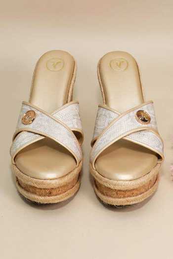 Shop_Sana K luxurious Footwear_Beige Brooches Cross Strap Wedges _Online_at_Aza_Fashions