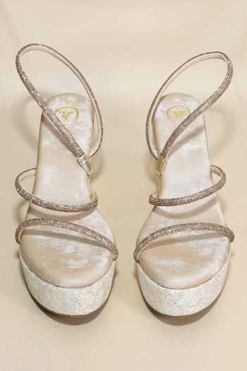 Shop_Sana K luxurious Footwear_White Rhinestones Berry Net Synthetic Wedges _Online_at_Aza_Fashions