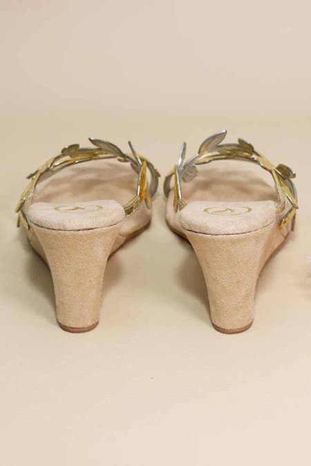 Sana K luxurious Footwear Gold Leafy Half Wedges Online at Aza Fashions Sana K luxurious Footwear_Gold Leafy Half Wedges _Online_at_Aza_Fashions